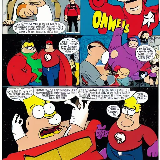Prompt: Peter Griffin killing and eating Marvel superheroes