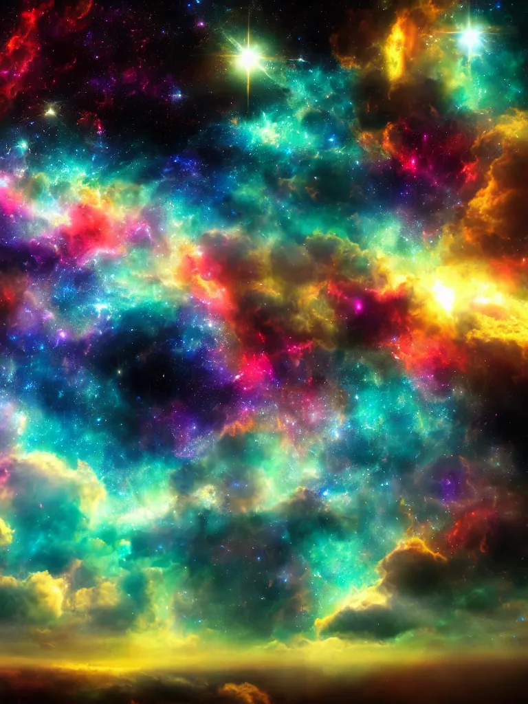 Prompt: celestial epic emotional vibrant colorful cinematic dreamy enchanting fantasy space image of a sparkling ethereal cosmic universe, celestial cosmos, silky nebulas, nasa photos, artstation