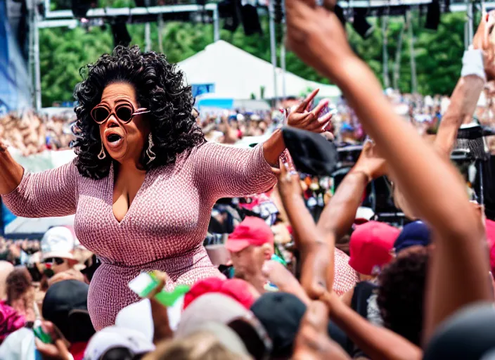 Image similar to photo still of oprah winfrey at the vans warped tour 2 0 1 8!!!!!!!! at age 3 6 years old 3 6 years of age!!!!!!!! tossing bags of money into the crowd, 8 k, 8 5 mm f 1. 8, studio lighting, rim light, right side key light