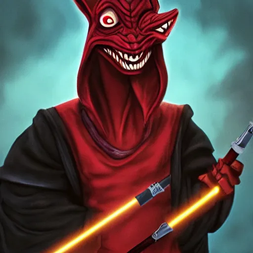 Image similar to jar_jar_binks as a sith_lord, dark fantasy