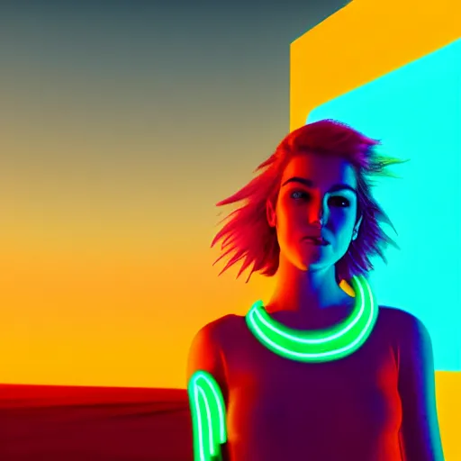 Image similar to a girl glowing with neon colors in the middle of a beautiful desert sunrise, photorealistic, 8k resolution, octane render, unreal engine