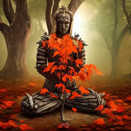 Prompt: warrior with surface of tree - bark, wearing stone wood vines armor, sitting in lotus position by tall tree with red and orange autumn leaves, meditation, highly detailed, dramatic lighting, cinematic, sci - fi, hyperrealistic, detailed