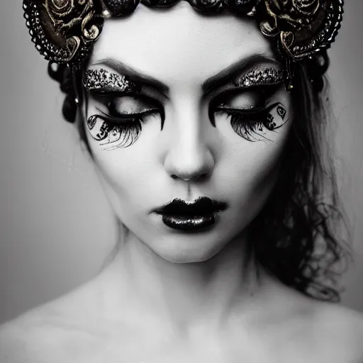 Prompt: a portrait of female model by stefan geselle, photorealistic, intricate details, hyper realistic, dark fantasy, ornate headpiece, dark beauty, photorealistic, canon r 3, photography, wide shot, photography, dark beauty