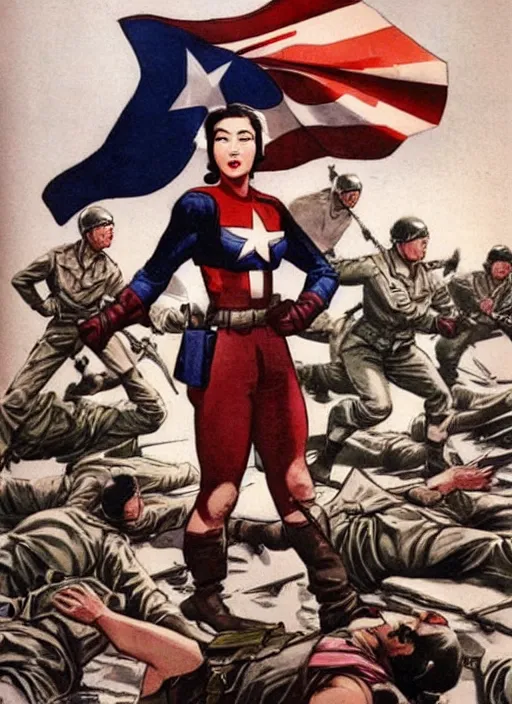 Image similar to beautiful female asian captain america standing on a pile of defeated, beaten and broken german soldiers. feminist captain america wins wwii. american wwii propaganda poster by james gurney. gorgeous face. overwatch