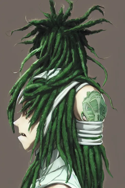 Prompt: portrait of an anime manga guy with green and white dreads, straight on portrait, by artgerm, james jean, tom bagshaw, gerald brom, 4 k, smooth, hd, substance designer render, full body character concept art, symmetrical,