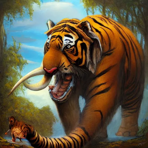 Image similar to tiger - elephant creature, oil painting by justin gerard