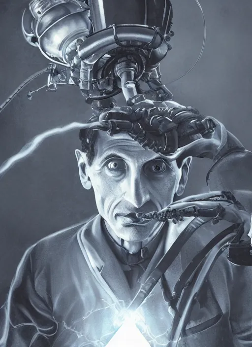 Image similar to biohazard art of nikola tesla as a mad scientist working on a giant robot from bioshock, au naturel, hyper detailed, digital art, trending in artstation, cinematic lighting, studio quality, smooth render, unreal engine 5 rendered, octane rendered, art style by klimt and nixeu and ian sprigger and wlop and krenz cushart