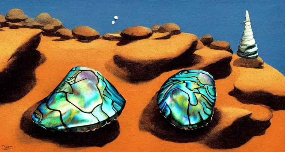 Image similar to oil painting of a tiny abalone seashell house on top of a rock, by roger dean, syd mead, cell, concept art, minimalist, cinematic color scheme