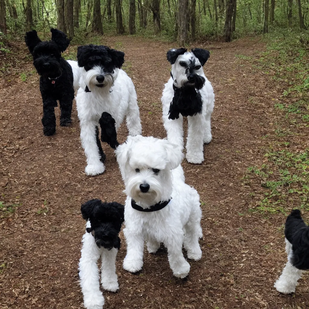 Prompt: of a white teddy walks in the woods with a black schnauzer,