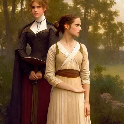 Prompt: Painting of Emma Watson as Hermione Granger standing next to Natalie Portman as Padme Amidala. Art by william adolphe bouguereau. During golden hour. Extremely detailed. Beautiful. 4K. Award winning.