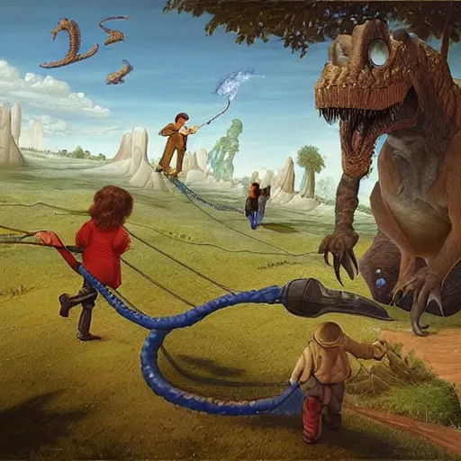 Image similar to dream a kid at the park walking a dinosaur with a leash, renaissance oil painting by George Lucas and Jarosław Jaśnikowski and Dan Mumford, hyperralistic, hyperdetailed