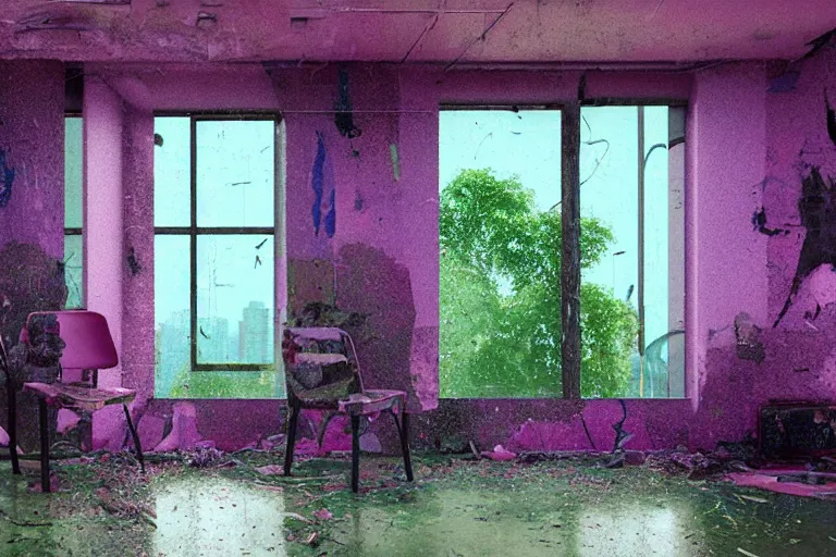 Image similar to abandoned 9 0 s apartment interior with circular organic windows, rain like a dream, oil painting, cinematic, surreal, overgrown, dramatic, soft volumetric lighting, cyberpunk, basquiat + moebius + francis bacon + gustav klimt + beeple, elevated street art, fantasy lut, textural, pink, blue, purple, green,