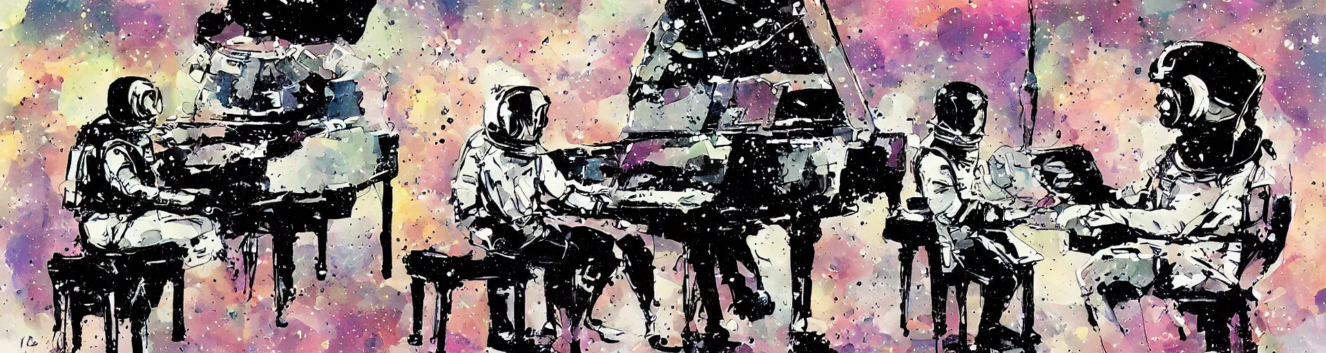 Image similar to an astronaut playing piano in the space, digital painting, digital art, bill sienkiewicz