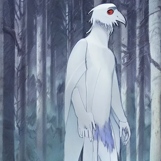Prompt: concept art painting of an anthropomorphic humanoid white raven wearing dark blue robes, in the deep forest, realistic, detailed, cel shaded, in the style of makoto shinkai and greg rutkowski and james gurney
