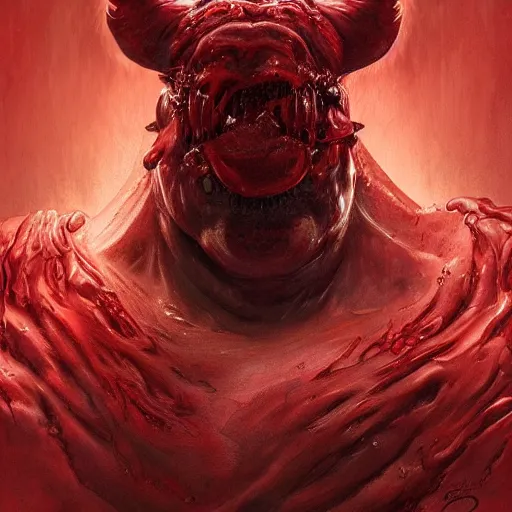 Image similar to Dark Fantasy Painting of a muscular red beast face with saliva and drool dripping from its mouth, creepy, unsettling, horror, upper body, intricate, wild, highly detailed, digital painting, artstation, concept art, smooth, sharp focus, illustration, art by artgerm and greg rutkowski and alphonse mucha