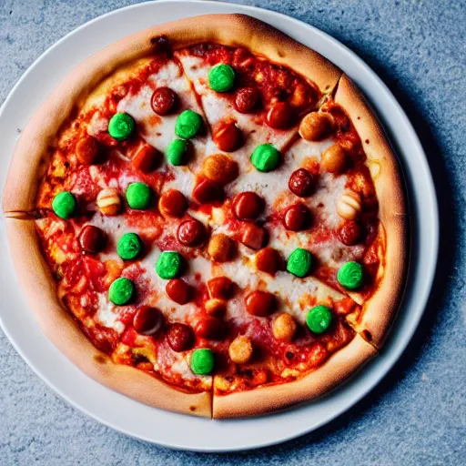 Prompt: A delicious plate of pizza with gummy bears on, food photography, michilin star