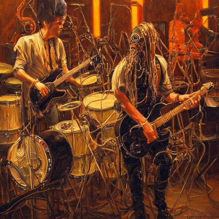 Image similar to a beautiful painting by donato giancola of an octopus playing drums and telecaster guitar in an electronic concert, dark background, concert light, dark mood, warm lights