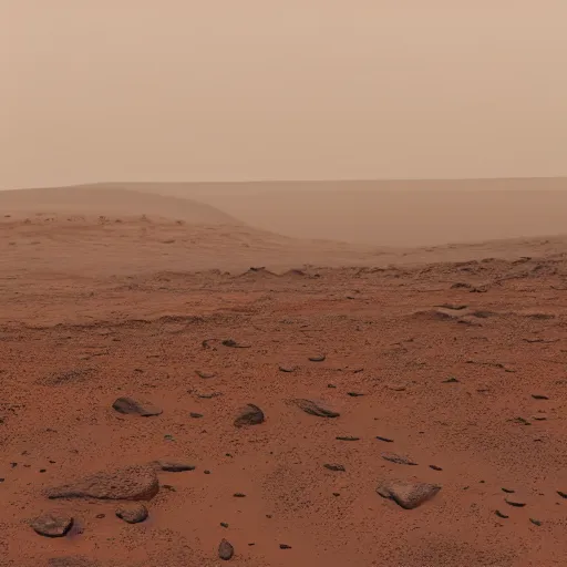 Image similar to first step on mars, foggy atmosphere, bright, high resolution