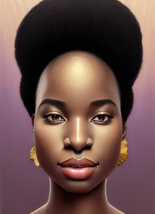 Prompt: beautiful igbo feminine face! portrait of young woman blessed by god with ever - increasing physical and mental perfection, black afro hair, symmetrical! intricate, elegant, highly detailed, vision of holy perfection!! smile, digital painting, artstation, concept art, smooth, sharp focus, illustration, art by artgerm and greg rutkowski and alphonse mucha