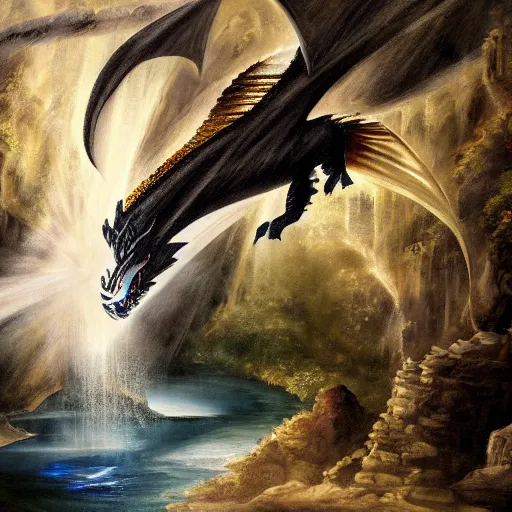 Image similar to oil painting of a dragon flying in the air near a cave with a waterfall in the center, light emanating from the waterfall leading to a big pool of water, dragon has black and white siberian tiger stripes, elegant, sharp focus, wide shot, clear, detailed, early renaissance