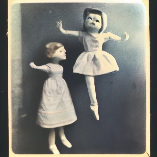 Image similar to 1 9 5 0 s, creepy dolls jumping towards viewer, horror, lost photograph, forgotten, polaroid,