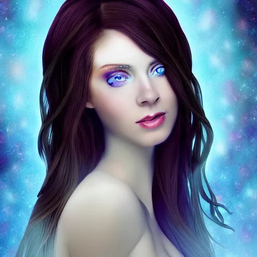 Image similar to magical brunette scottish woman with pale skin and deep blue eyes, digital art, glowing complexion