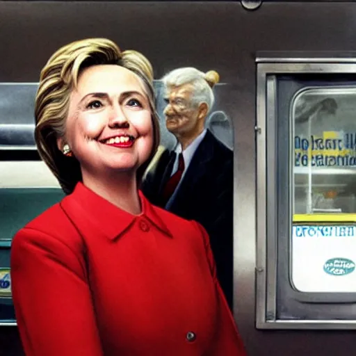 Image similar to hilary clinton super excited to be working at subway, sarcastic, by norman rockwell hyperrealism 8 k