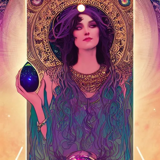 Prompt: psychic gypsy woman magic8ball tarot card, swirling glowing flowing energies, gypsy woman sees into the future, mysterious with hynotic pretty eyes, hyperdetailed, artstation by James Jean, Moebius, Mucha Klimt and Tom Bagshaw , featured on Artstation, CGsociety, Behance HD
