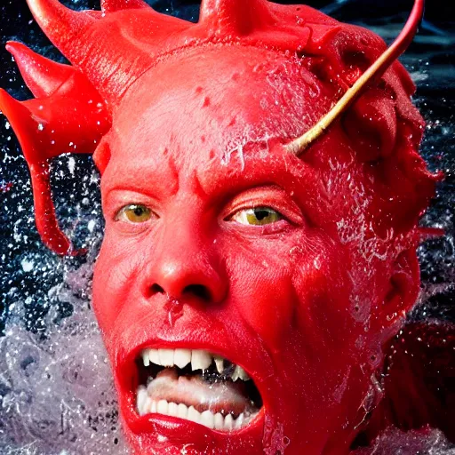 Image similar to a devilish red monster with horns emerging from boiling rough seas, close - up portrait photo by david lachapelle, masterpiece, trending on flickr