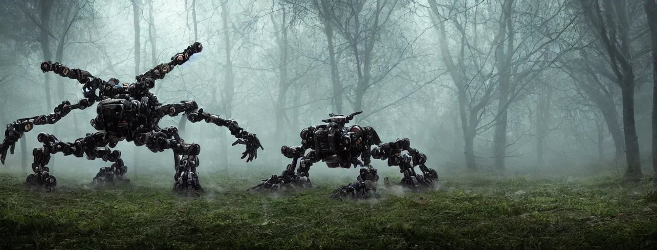 Prompt: image of terrific and creepy gigantic 8 - leg spider mech robot with volumetric lights, running and hunting remaining humans, hiding in a heavy rainy post - apocalyptic forest, high detail, dramatic moment, motion blur, ground fog, dark atmosphere, saturated colors, by james paick, render unreal engine - h 7 0 4