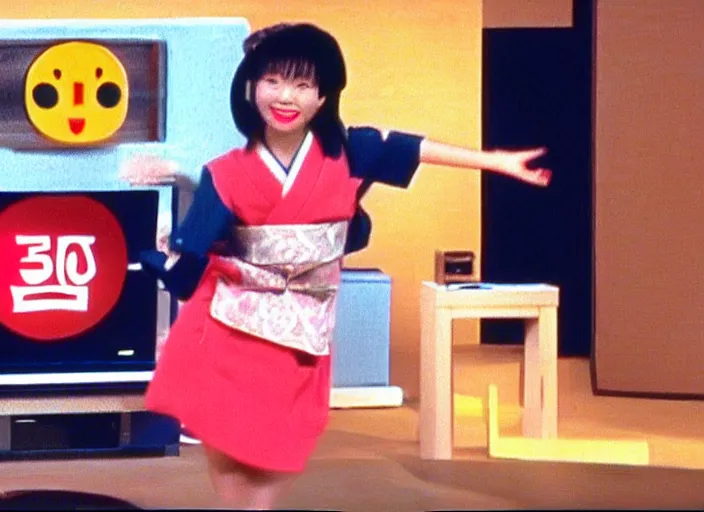 Prompt: Japanese funny TV show in 90s. Color VHS footage. A cute girl dancing on stage in the TV studio.
