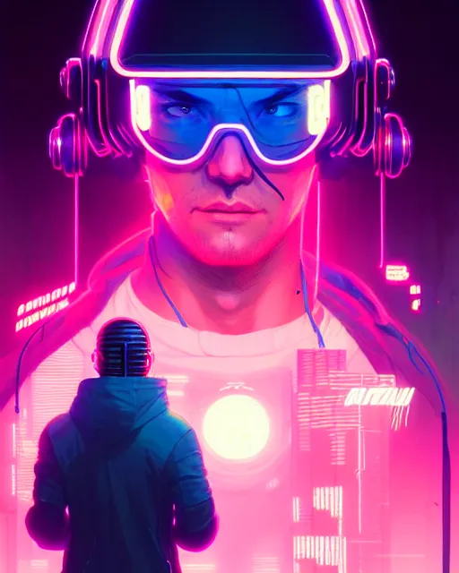 Image similar to cyberpunk synth, photographic, hyper - realistic detailed portrait of a man in a hoodie, with neon visor, dynamic pose, by atey ghailan, by greg rutkowski, by greg tocchini, by james gilleard, by joe fenton, by kaethe butcher, sharp focus