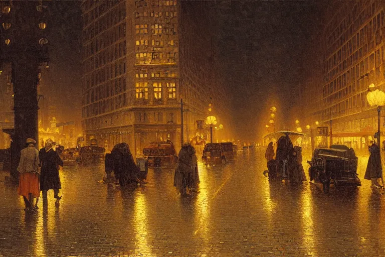 Prompt: painting of the streets of new york at night, streetlights, raining, romantic, by ludwig deutsch and maxfield parrish, patterned tilework, extremely detailed, cinematic lighting, smooth sharp focus