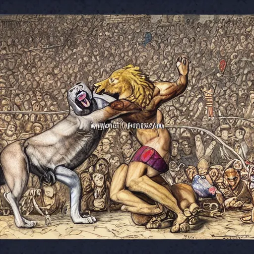 Image similar to highly detailed man wrestling against a lion in the middle of an arena, crowd of people, pencil art, added detail, high definiton, colored, aerial view