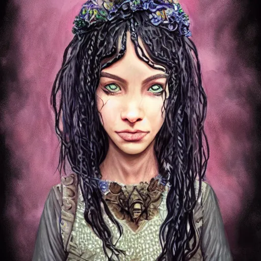 Image similar to happy birthday beautiful worrier girl, fantasy novel by Neil Gaiman, highly detailed portrait of a beautiful black hair girl, trending on artstation