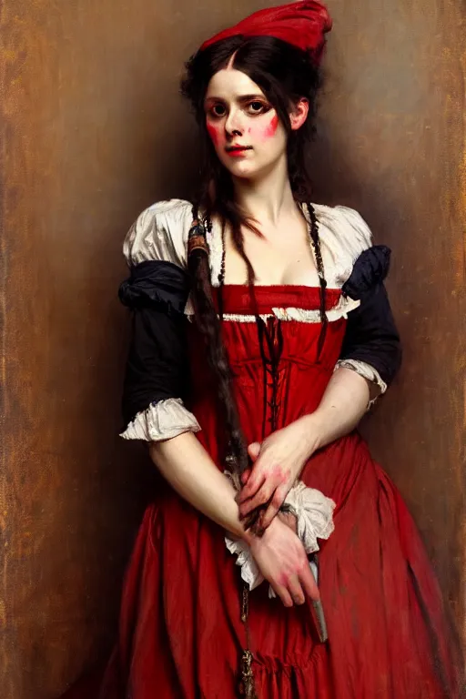 Image similar to solomon joseph solomon and richard schmid and jeremy lipking victorian genre painting full length portrait painting of a young beautiful woman traditional german french actress model pirate wench in fantasy costume, red background