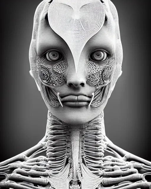 Image similar to mythical black and white organic bio-mechanical spinal ribbed profile face portrait detail of mechanical beautiful female angelic-vegetal-cyborg, highly detailed, intricate steampunk ornate, poetic, 3D render, digital art, octane render, 8K artistic photography, photo-realistic, by Dora Maar