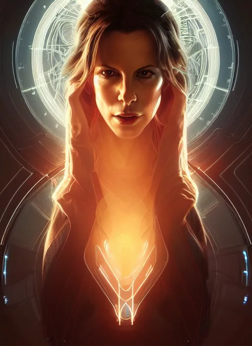 Prompt: symmetry!! portrait of kate beckinsale, sci - fi, anxiety, tech wear, glowing lights!! intricate, elegant, highly detailed, digital painting, artstation, concept art, smooth, sharp focus, illustration, art by artgerm and greg rutkowski and alphonse mucha