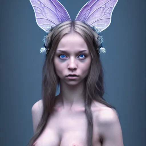 Image similar to full body shot of an faerie girl, photorealistic, perfect symmetrical image, symmetrical face, perfect face, longshot, cinematic, hyper realism, hyper detailed