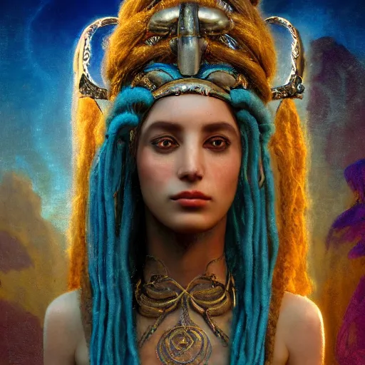 Image similar to unreal engine, octane render, 8 k birth of sumerian goddess inanna ishtar, ashteroth, techno mystic goddess princess intergalactica, with aqua neon rapunzel dreadlocks, mami wata, detailed, by gaston bussiere, bayard wu, greg rutkowski, giger, maxim verehin, greg rutkowski, masterpiece, sharp focus,