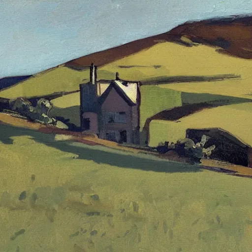 Prompt: painting of a house on a hill, painting by william nicholson