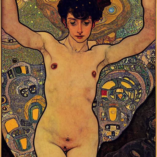 Prompt: transcendential consciousness, contrapposto, egon schiele, gustav klimt, alphonse mucha, retro futurism