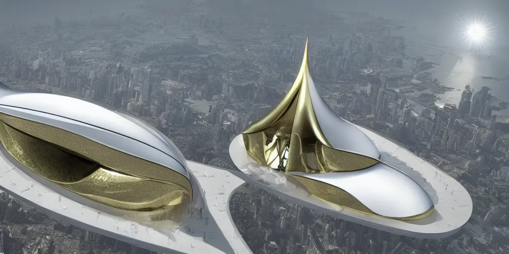 Image similar to mosque floating spaceship by zaha hadid, golds fantasy world