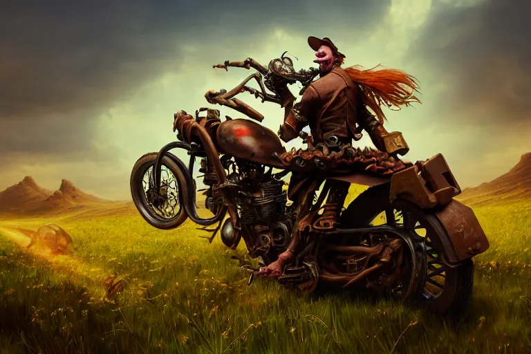 Image similar to a goblin riding a steampunk motorcycle on a dirt road in a meadow, volumetric light, studio lighting, hyperdetailed, artstation, cgsociety, 8k