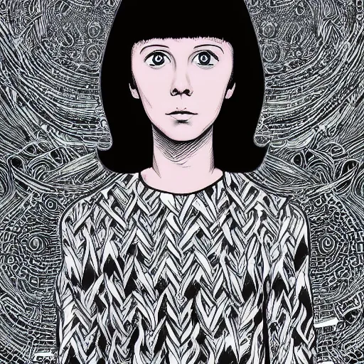 Prompt: a detailed portrait of millie bobby brown in the style junji ito, 8k, ornate, intricate