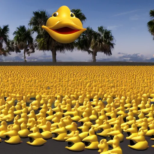 Prompt: an army of 3 trillion rubber ducks invading earth, extremely detailed