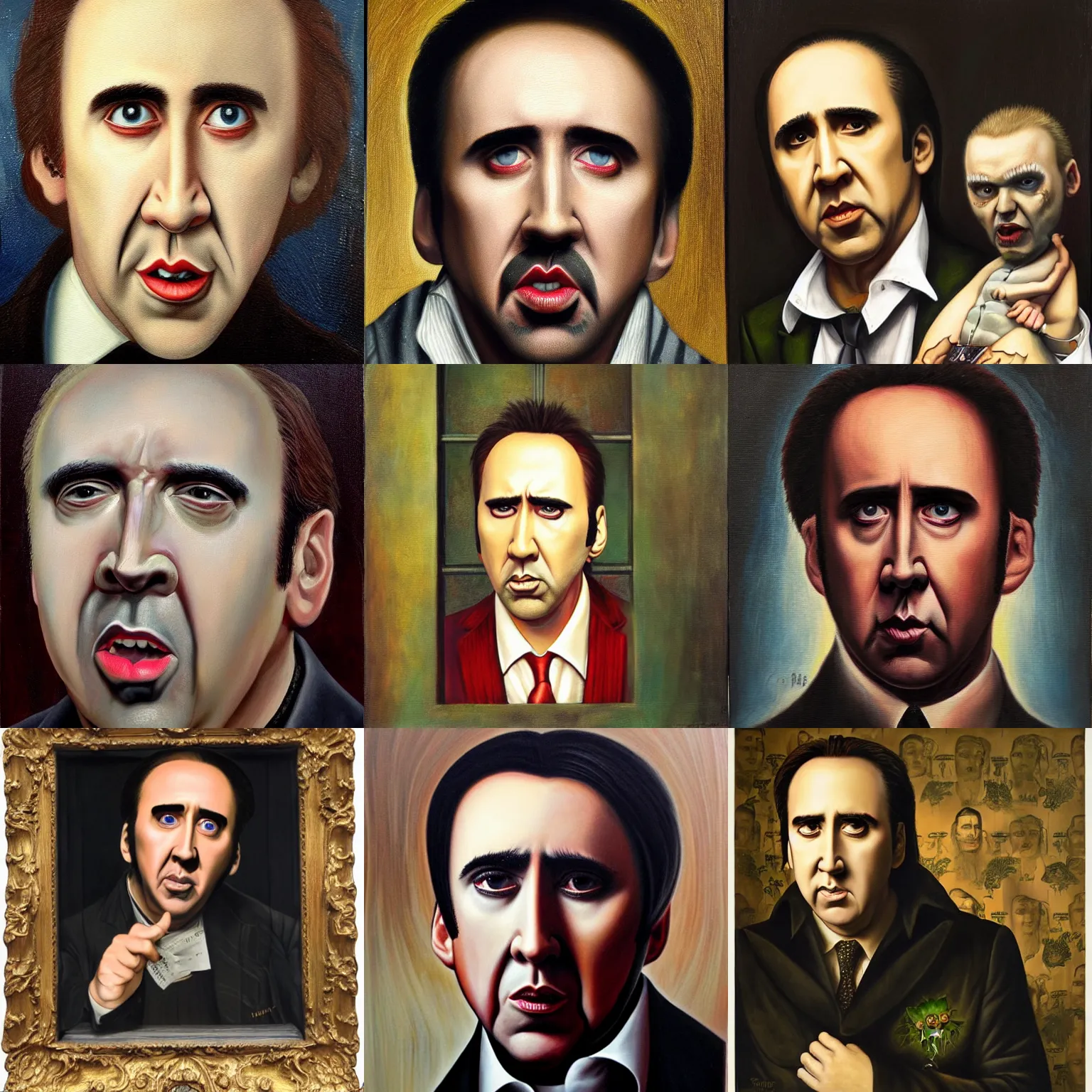 Prompt: nicolas cage as a cage, lowbrow painting by mark ryden