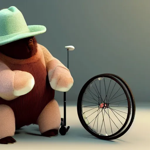 Image similar to mole the animal with an elegant hat on a wheelchair, octane render, 3 d render, 3 d, high details, 8 k, sharp focus