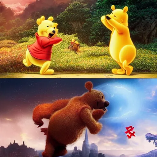 Prompt: winnie the pooh as godzilla versus xi jinping, cinematic composition, epic dramatic lighting, realistic, hyperdetailed, photorealistic, photograph, epic scale