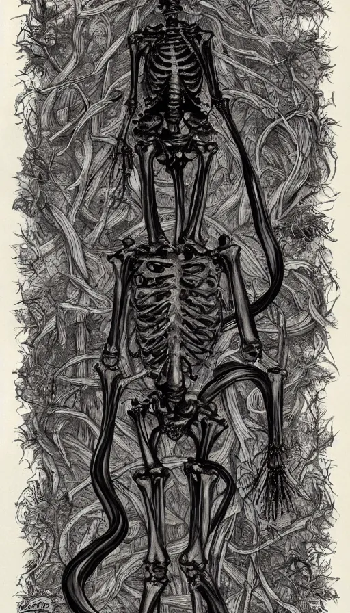 Image similar to full - body portrait of a creepy realistic human skeleton wearing many black snakes and other reptiles as clothing, traditional art, dark, surrealism, german romanticism style, ornate and elegant, hightly detailed